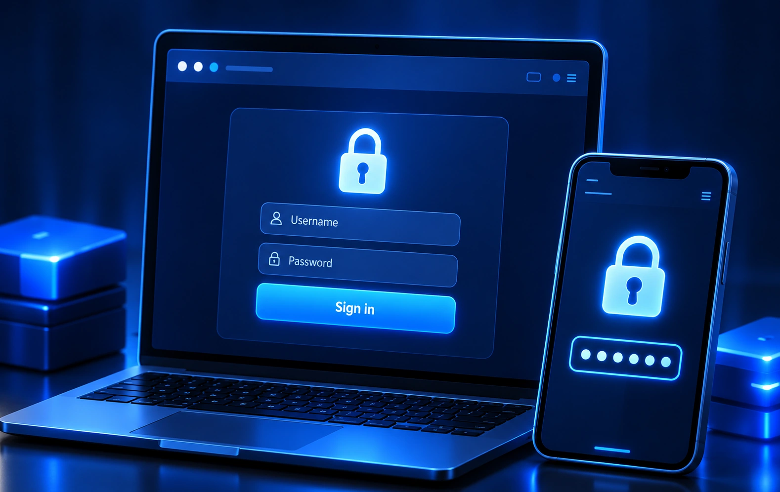 Laptop login form and phone padlock