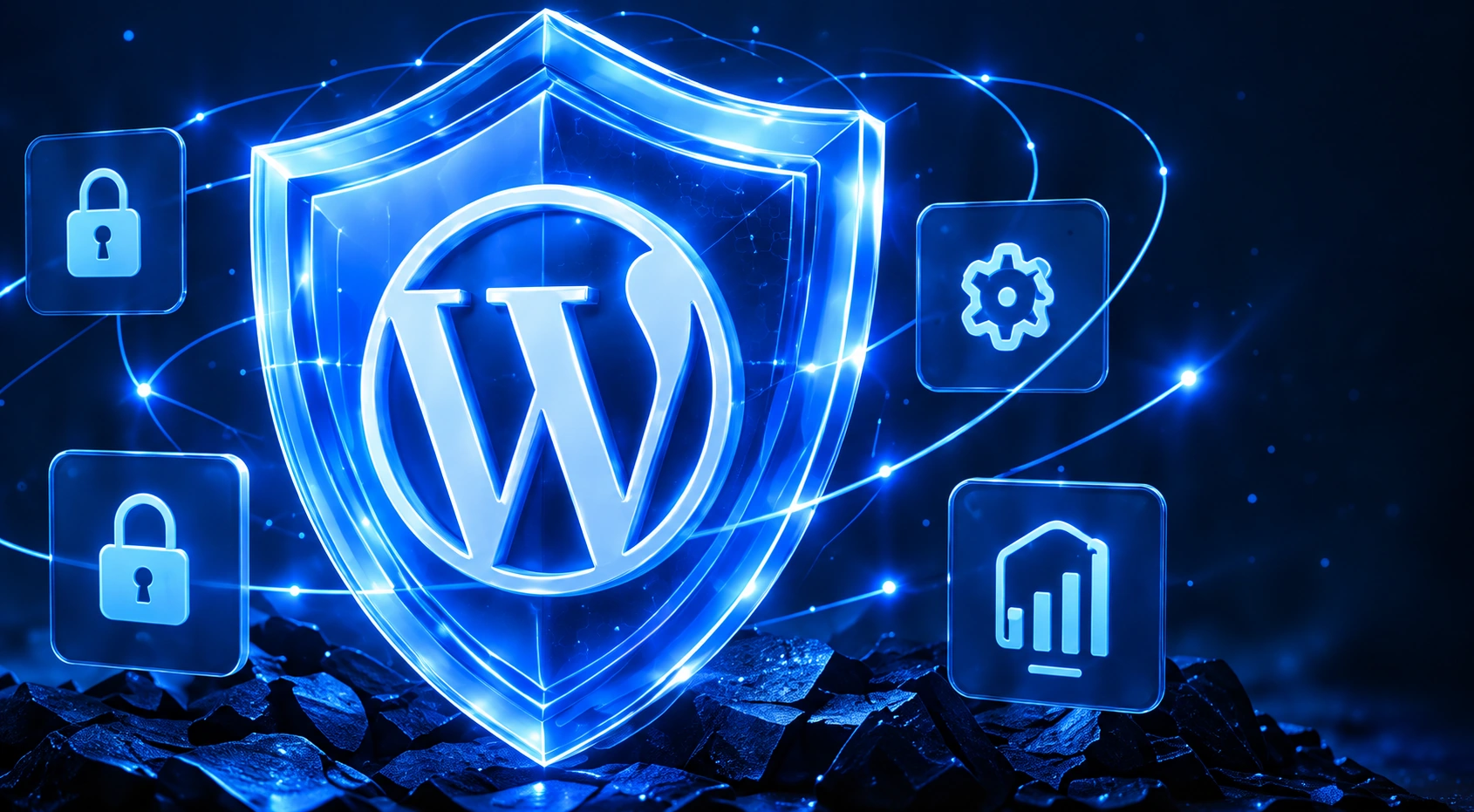 Smaller WordPress W shield surrounded by MFA/cloud/database icons, different composition from hero